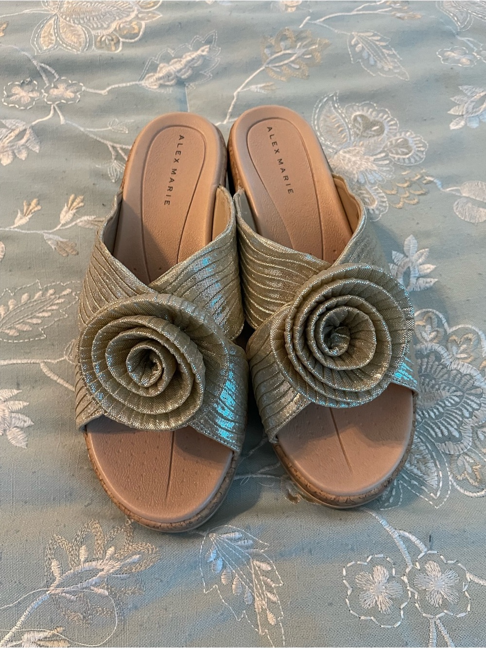 Alex Marie Shimmery Gold Floral Rosette Slide Mules